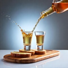 Glasses shot of tequila making toast with splash isolated