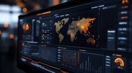 Leinwandbilder - A close-up shot of a computer monitor displaying a digital map of the world with data visualizations and graphs.