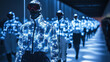© Channarong - futuristic fashion show with models wearing innovative fabric clothing. models are walking down runway in line. They are wearing futuristic goggles and sense of mystery and intrigue