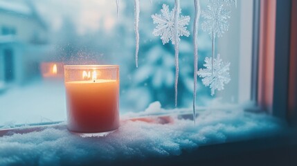 Frosted window with a candle lit inside, warm glow visible, icicles hanging, and soft snowflakes falling outside