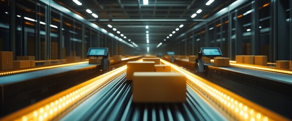 Poster - A conveyor belt system in a warehouse with boxes moving along the line.