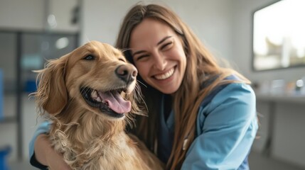 Happy pet therapist interacting with pets and owners, radiating care and compassion