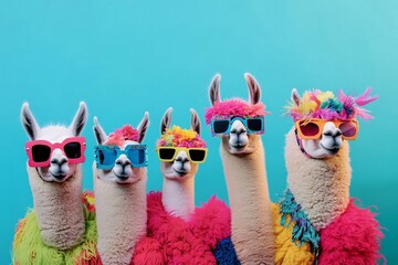 Wall Mural - creative animal concept. group of lama in funky wacky wild mismatch colourful outfits on bright back