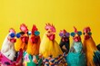 © JAYDESIGNZ - Creative animal concept. Group of chicken in funky Wacky wild mismatch colourful outfits on bright background advertisement, copy space. birthday party invite invitation banner