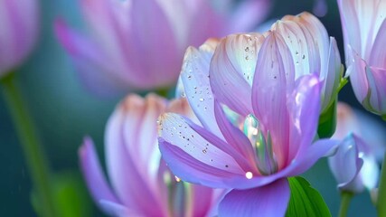 Poster - Light violet flowers with tiny bubbles on petals sprinkled or poured by water