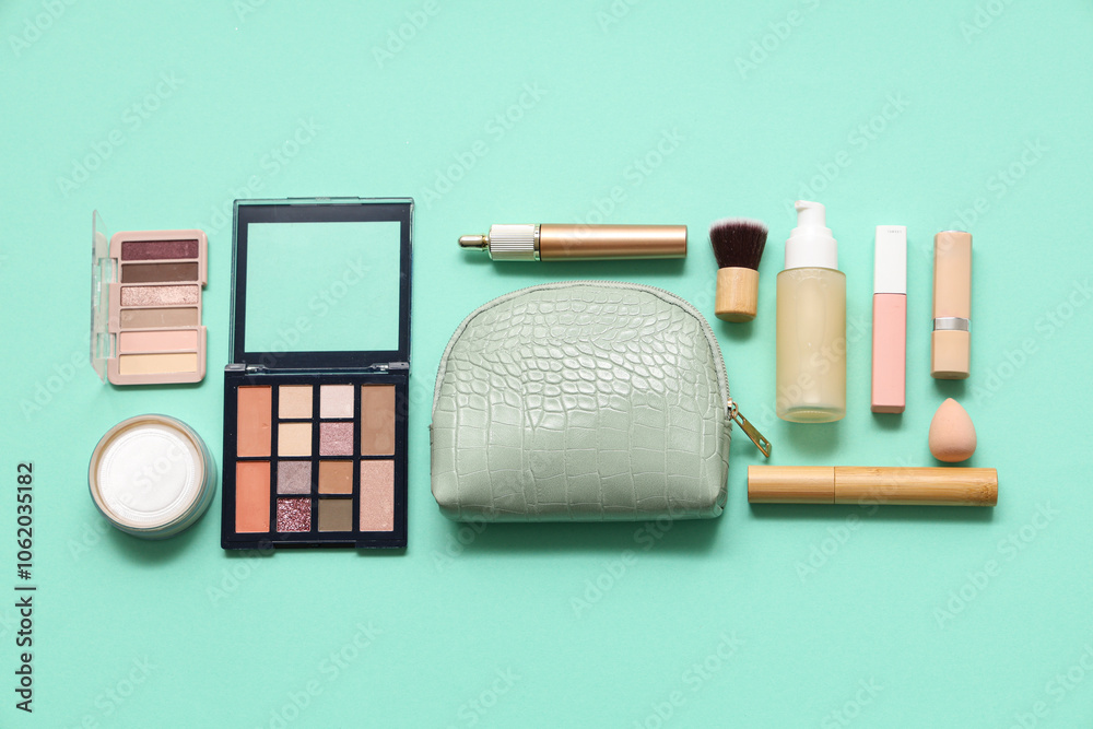 Cosmetic bag and makeup products on green background