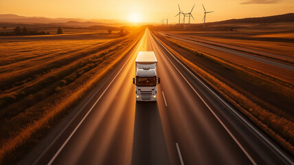 truck drives on highway at sunset, surrounded by wind turbines and golden fields, creating serene and sustainable landscape