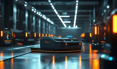 Poster - A futuristic automated guided vehicle (AGV) navigates a sleek and modern warehouse.