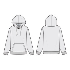 front and back view of white hoodie with drawstring hood, kangaroo pocket, ribbed cuffs, and hem in 