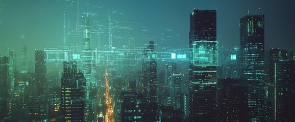Poster - A futuristic cityscape at night with glowing digital lines and data connecting skyscrapers.