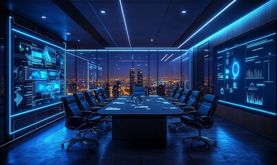 Poster - A futuristic boardroom with large windows overlooking a city skyline at night, featuring blue neon lights and digital displays on the walls.