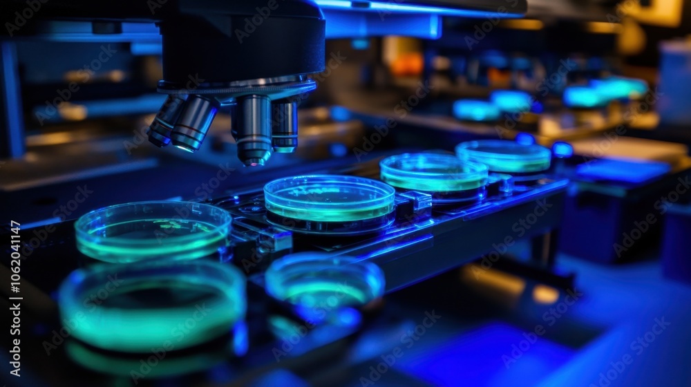 Petri dishes with blue and green samples placed under a high-resolution ...