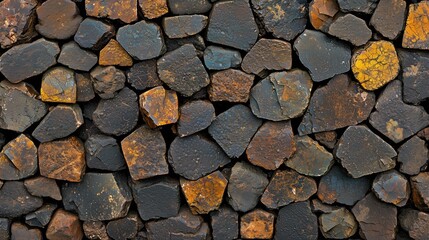 Poster - Wall made of rocks with a brown and black color. The wall is made of many small rocks and it looks like a mosaic