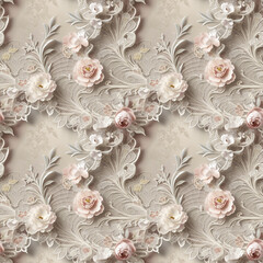  Delicate floral seamless lace design with soft pink flowers and intricate details on a light beige background