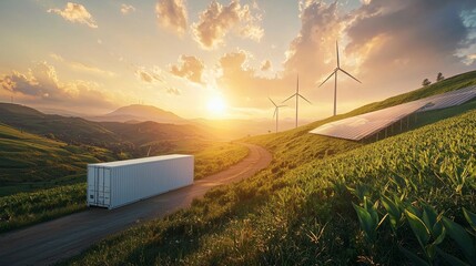 Aufkleber - An aerial view of a battery energy storage system surrounded by a green landscape and windmills. Stock image.