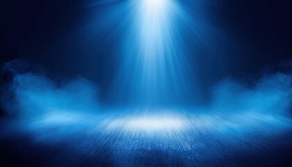 Aufkleber - Empty Stage Illuminated by Dramatic Blue Spotlight with Mist and Shadows, Creating a Moody and Mysterious Ambiance for Theater Performances, Presentations, and Inspirational Backgrounds
