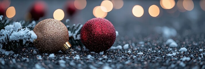 Poster - Sparkling Christmas lights and red Christmas baubles on frosted pine branches - Festive Holiday Decoration Background