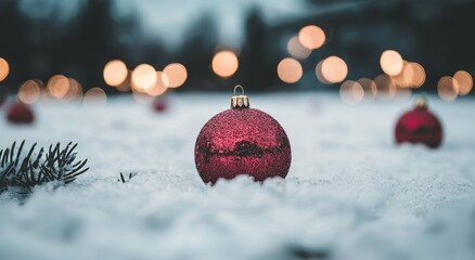 Aufkleber - The winter holiday scene of red Christmas ornaments and pine branches accompanied by snow and warm bokeh lights for decorating and celebrating the Christmas season