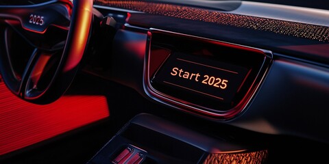 Poster - Close-up of a modern car dashboard display showing 'Start 2025'. The futuristic design highlights sleek lines and vibrant lighting.