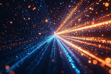 Poster - Dynamic light trails creating an abstract effect, showcasing vibrant blue and orange particles on a dark background.