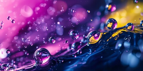Poster - Colorful droplets suspended in vibrant liquid, showcasing beautiful reflections and refractions, creating a mesmerizing abstract water background.