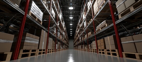 Poster - This image shows a modern storage warehouse with shelves stocked with boxes. An efficient inventory storage system is installed in the distribution center to keep inventory at a high level.
