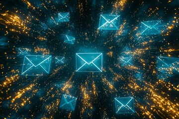 Poster - Dynamic visualization of glowing email icons surrounded by digital particles, representing fast communication and connectivity in the digital world.