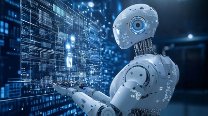 Poster - A futuristic white robot with blue eyes interacts with a digital screen displaying data and code.