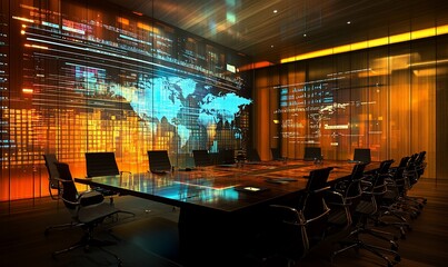 Aufkleber - A futuristic, sleek conference room with a large screen displaying a world map and data.