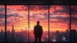 © THINNAKORN - Visionary CEO at window, looking at sunrise over city, future goals