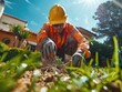 © vefimov - A man wearing a hard hat and work clothes is in the process of planting seeds into soil, with a garden hose behind him.