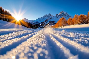 Poster - Snow flurries moving through a mountain valley at sunset, with warm light reflecting off the snow, capturing the calm and majestic beauty of winter, symbolizing vastness and tranquility