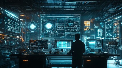 Fototapete - A hacker in a dark futuristic room surrounded by computer screens with flashing lights and code.