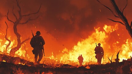  Soldiers Walking Through Fire Inferno War Battlefield
