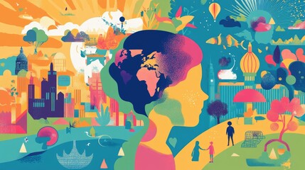 Poster - A colorful infographic depicting a positive mental health assessment, focusing on child wellness and lifestyle, celebrating World Mental Health Day.