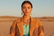 © ZpongXED - A woman stands gracefully in a desert setting, wearing a stylish fringe jacket and elegant jewelry, against a backdrop of warm, sandy hues.