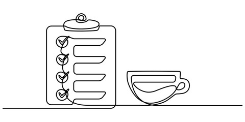 Poster - Continuous one line drawing of checklist clipboard with pen. Medical document Form on clipboard simple line illustration, continuous line drawing a cup of coffee icon.