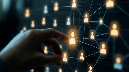 Poster - A hand reaching out to touch a glowing icon on a digital network of interconnected human figures, representing social connection, communication, and collaboration.