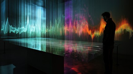 Poster - A dynamic digital environment displaying visual representations of audio waves and data processing, emphasizing the intersection of tech and creativity.