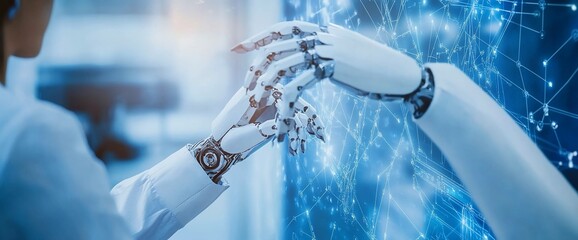 Poster - A human hand reaches out to touch a robotic hand. The robotic hand is surrounded by a blue glow, suggesting a connection between the two.