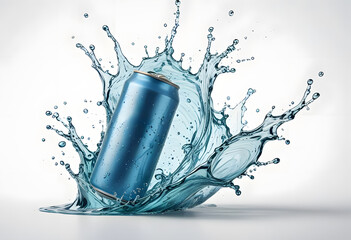 Wall Mural - blue aluminum jar with water splash. isolated background.