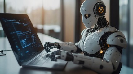 Poster - A humanoid robot is working on a laptop, coding in a modern office setting.
