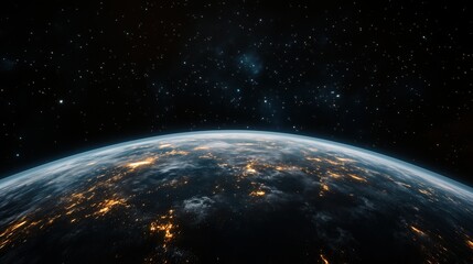 Wall Mural - Close up of the Earth at night with the stars visible in the background. Concept of wonder and awe at the vastness of the universe and the beauty of the night sky