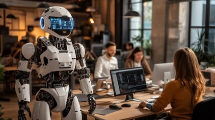Poster - A humanoid robot stands in the foreground of an office setting, while a team of workers are seen in the background, focused on their tasks.
