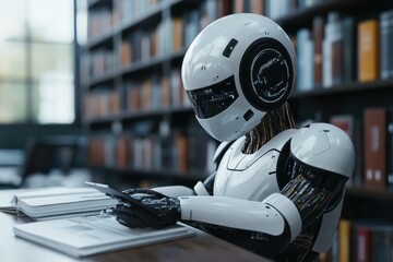 Poster - A humanoid robot studying quietly in a library filled with books during the afternoon