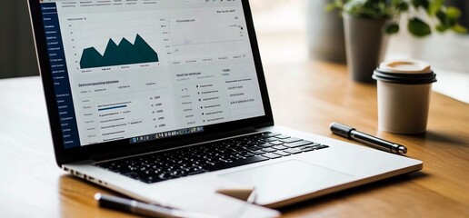 Poster - A laptop computer displaying a spreadsheet and a graph with a pen and a cup of coffee on a wooden desk.