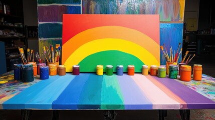 Poster - A vibrant studio setup featuring a rainbow painted on a large canvas, with colorful paint jars and brushes, symbolizing creativity, pride, and celebration of diversity.