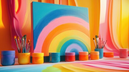 Poster - A vibrant studio setup featuring a rainbow painted on a large canvas, with colorful paint jars and brushes, symbolizing creativity, pride, and celebration of diversity.