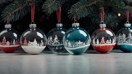 Hand-drawn festive Christmas ball ornaments, featuring intricate, unique patterns and delightful designs in a flat, minimalist style, capturing the holiday spirit, perfect for seasonal decorations, br