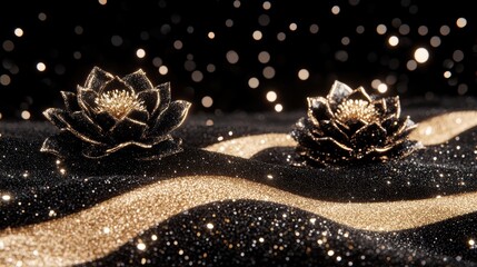 Premium abstract design no glossy, 3d type dimension, black golden two flower two leave style black golden two line wave 8k, super Hd Ultra for magazine